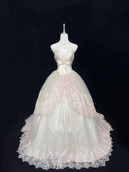 Pretty Ball Gown Strapless Light Blush Pink With Lace Appliqued Long Prom Dress Tulle Sweet 16 Sweet Sixteen Outfits Vestido de 15 RB7589