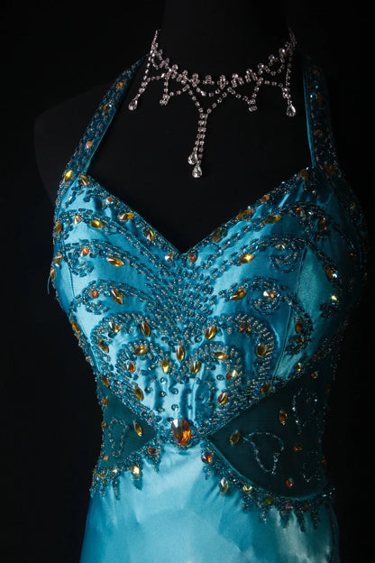 Vintage Mermaid Halter Blue Satin With Beads Long Formal Fancy Prom Dresses Night Outfits Party Gowns For Teens AS189