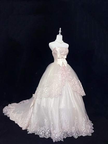 Pretty Ball Gown Strapless Light Blush Pink With Lace Appliqued Long Prom Dress Tulle Sweet 16 Sweet Sixteen Outfits Vestido de 15 RB7589