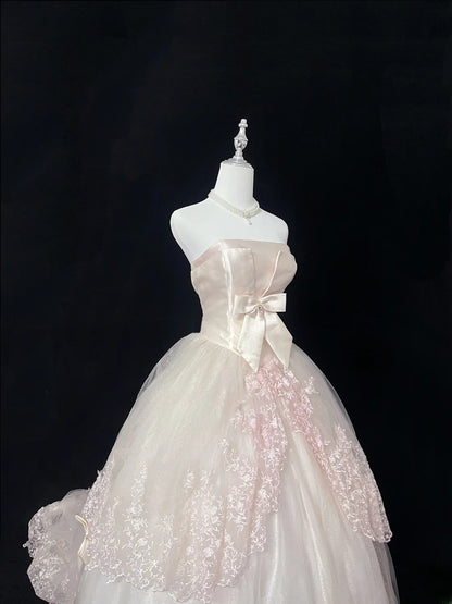 Pretty Ball Gown Strapless Light Blush Pink With Lace Appliqued Long Prom Dress Tulle Sweet 16 Sweet Sixteen Outfits Vestido de 15 RB7589