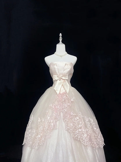 Pretty Ball Gown Strapless Light Blush Pink With Lace Appliqued Long Prom Dress Tulle Sweet 16 Sweet Sixteen Outfits Vestido de 15 RB7589