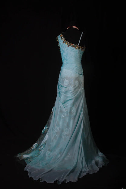 Modest Mermaid One Shoulder Blue Chiffon Prom Dress With Beaded Long Party Gowns Evening Dresses AS190