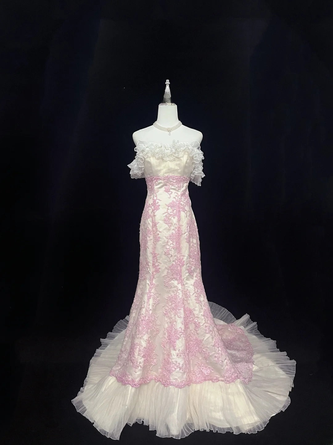 Beautiful Mermaid Strapless Pink Tulle With Appliqued Lace Prom Dress Formal Outfits Party Dresses RB7590