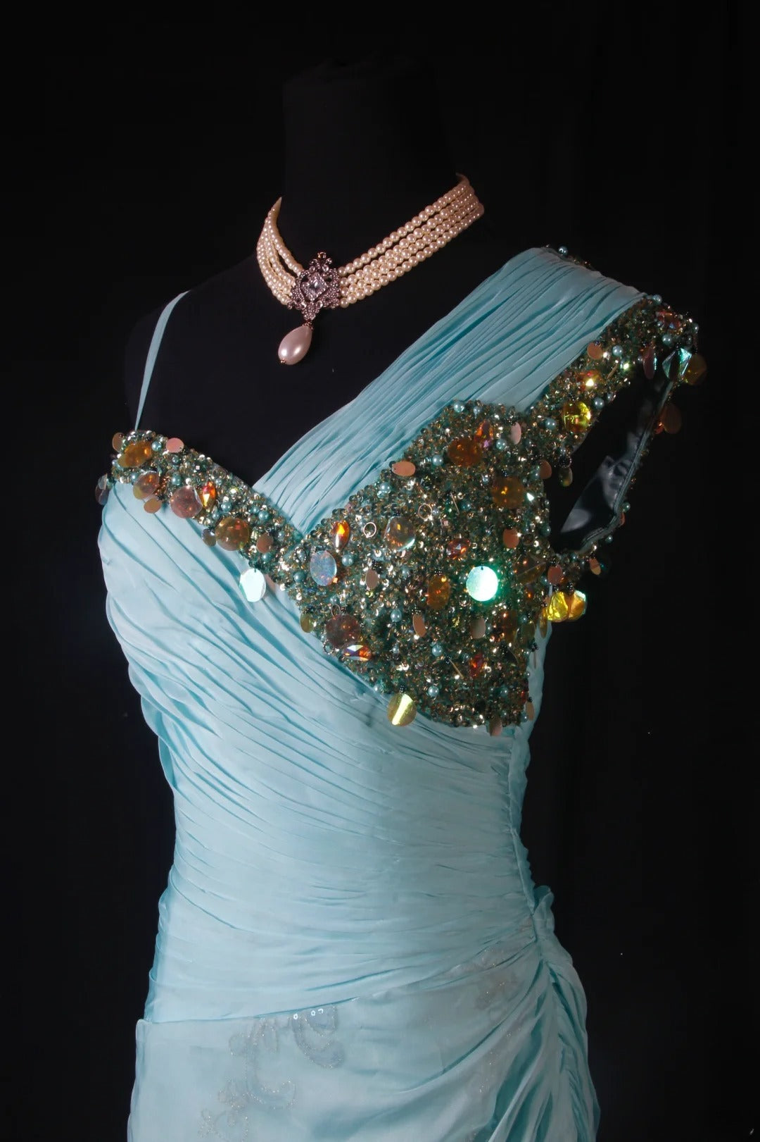 Modest Mermaid One Shoulder Blue Chiffon Prom Dress With Beaded Long Party Gowns Evening Dresses AS190