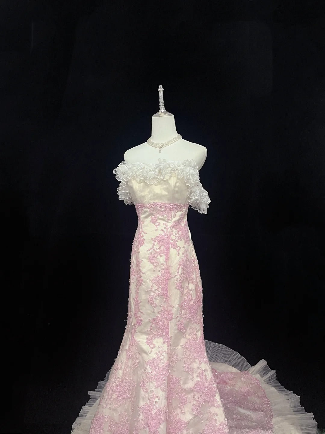 Beautiful Mermaid Strapless Pink Tulle With Appliqued Lace Prom Dress Formal Outfits Party Dresses RB7590