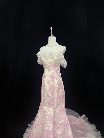 Beautiful Mermaid Strapless Pink Tulle With Appliqued Lace Prom Dress Formal Outfits Party Dresses RB7590