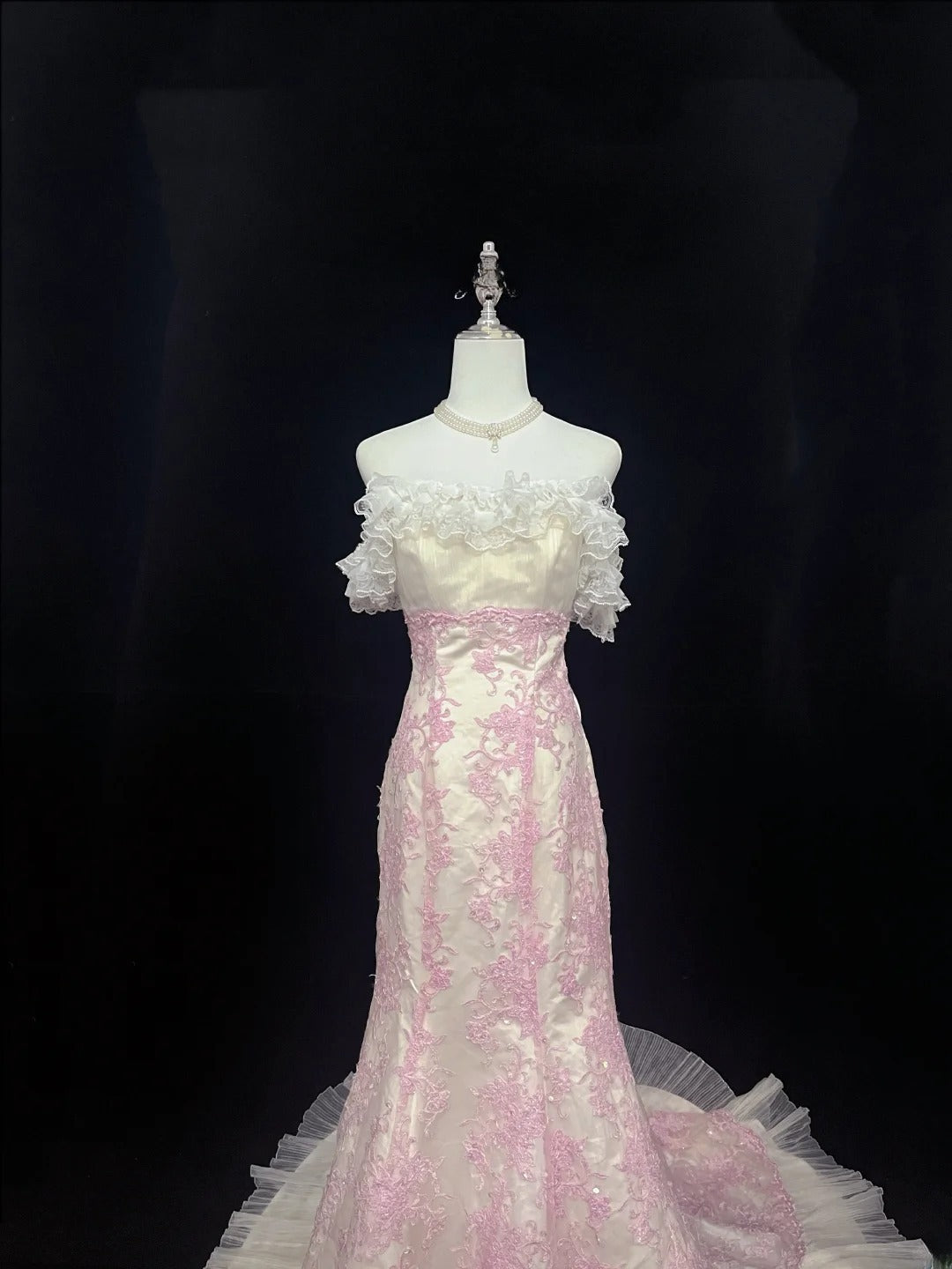 Beautiful Mermaid Strapless Pink Tulle With Appliqued Lace Prom Dress Formal Outfits Party Dresses RB7590