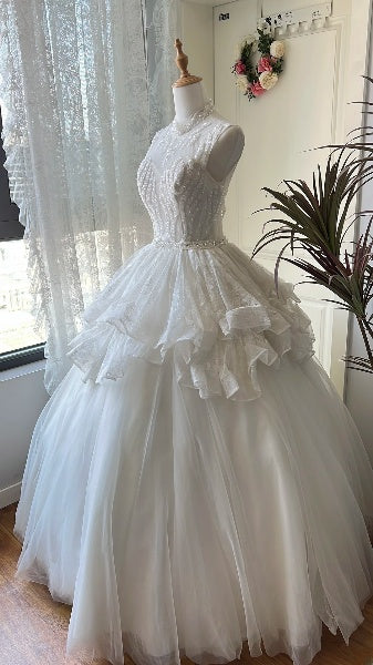 Sweet 15 Quinceanera Dress Ball Gown High Neck White With Ruffled Beading Long 15th Birthday Gown RC0551