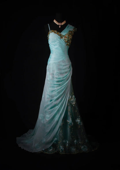 Modest Mermaid One Shoulder Blue Chiffon Prom Dress With Beaded Long Party Gowns Evening Dresses AS190