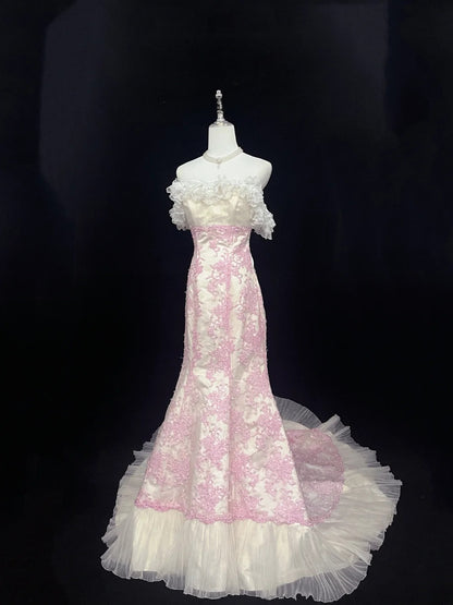 Beautiful Mermaid Strapless Pink Tulle With Appliqued Lace Prom Dress Formal Outfits Party Dresses RB7590