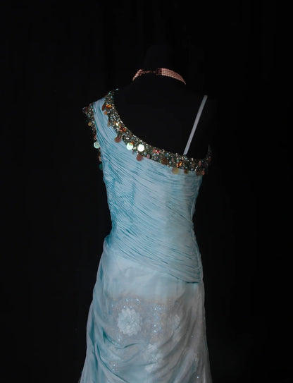 Modest Mermaid One Shoulder Blue Chiffon Prom Dress With Beaded Long Party Gowns Evening Dresses AS190