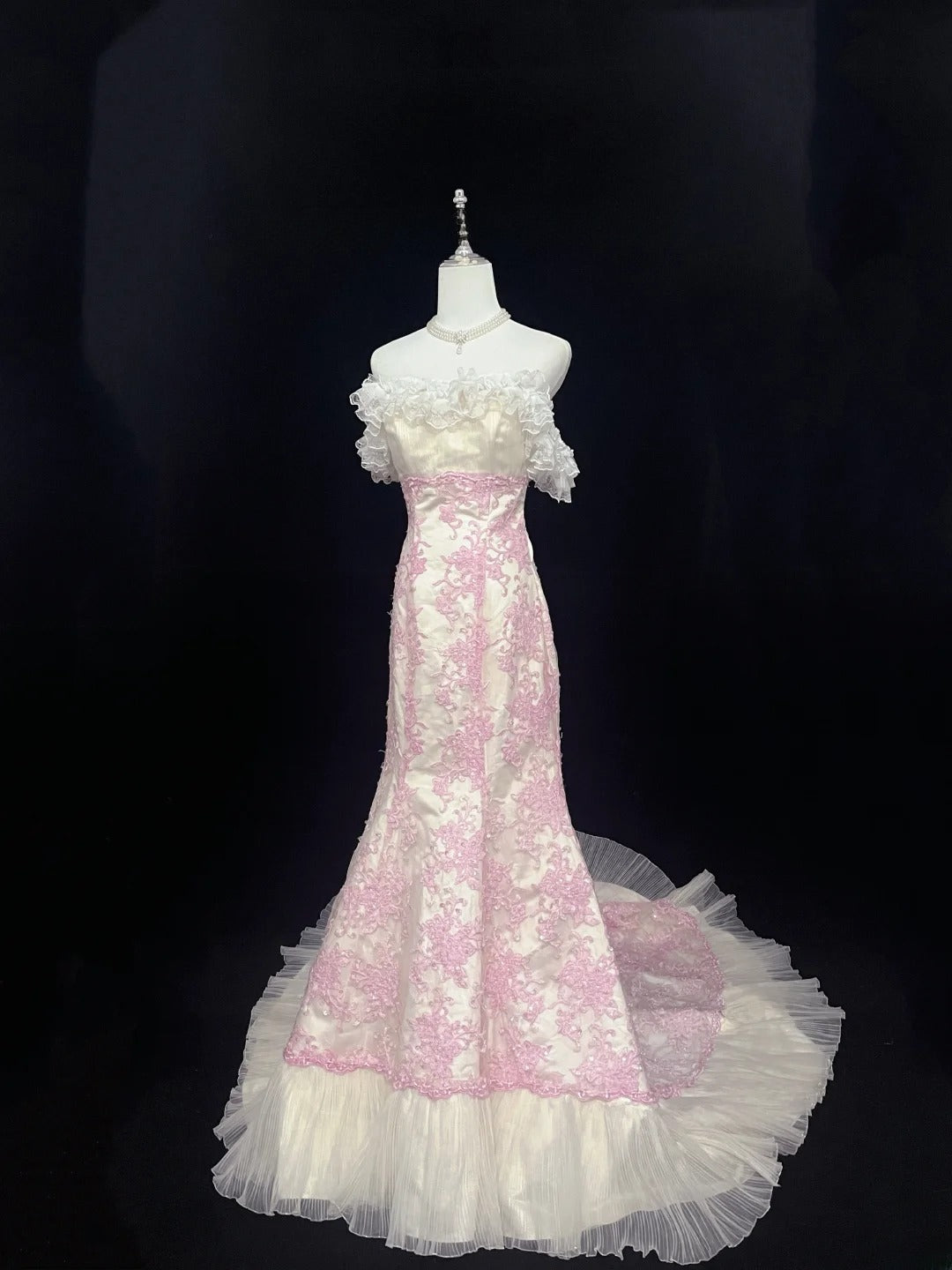 Beautiful Mermaid Strapless Pink Tulle With Appliqued Lace Prom Dress Formal Outfits Party Dresses RB7590