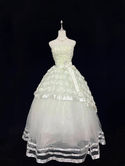 Pretty Ball Gowns Strapless Mint Green Tulle With Lace Appliqued Long Prom Dress Puffy Sweet 16 Sweet Sixteen Outfits Vestido de 15 RB7590