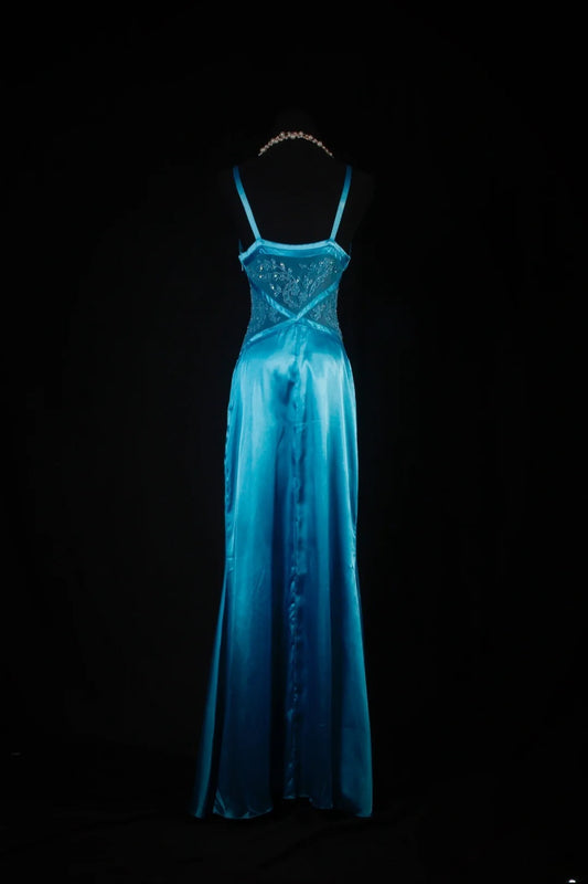 Vintage 50s Mermaid Spaghetti Straps Blue Satin Prom Dress Long Party Gowns Evening Dresses AS191