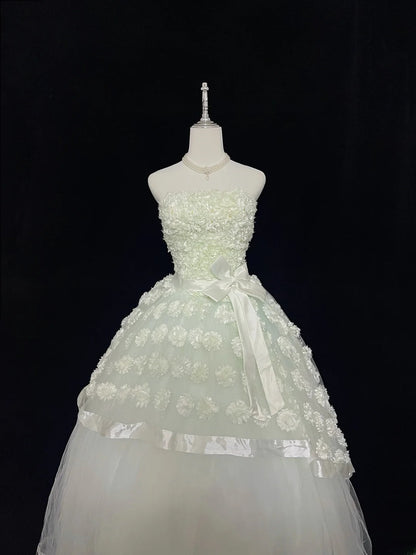 Pretty Ball Gowns Strapless Mint Green Tulle With Lace Appliqued Long Prom Dress Puffy Sweet 16 Sweet Sixteen Outfits Vestido de 15 RB7590