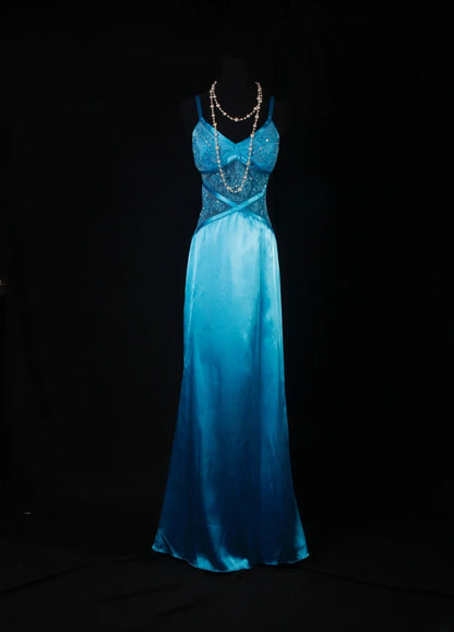 Vintage 50s Mermaid Spaghetti Straps Blue Satin Prom Dress Long Party Gowns Evening Dresses AS191