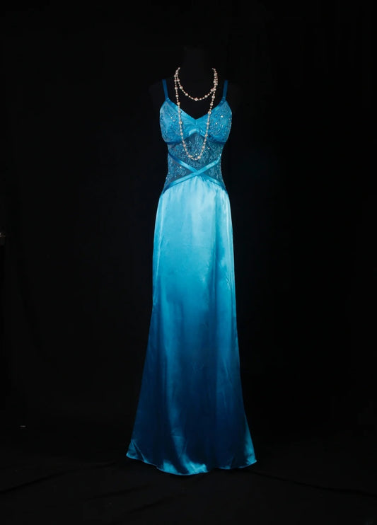 Vintage 50s Mermaid Spaghetti Straps Blue Satin Prom Dress Long Party Gowns Evening Dresses AS191
