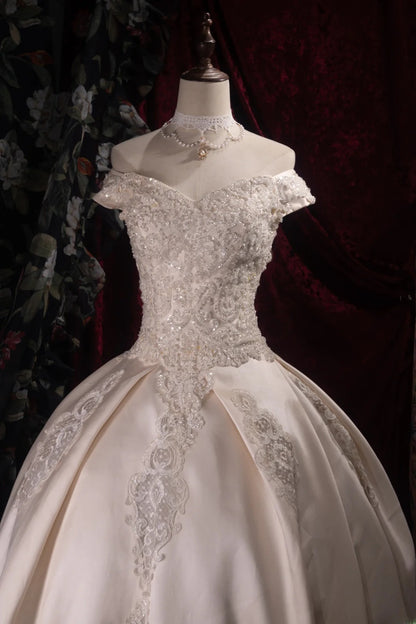 Vintage Ball Gown Off The Shoulder Satin White 2000s With Sleeves Long Autumn Winter Bridal Dress Wedding Dresses RB8385
