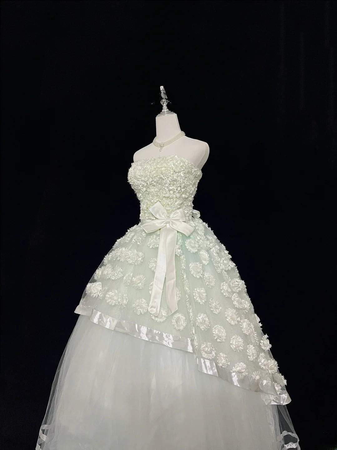 Pretty Ball Gowns Strapless Mint Green Tulle With Lace Appliqued Long Prom Dress Puffy Sweet 16 Sweet Sixteen Outfits Vestido de 15 RB7590