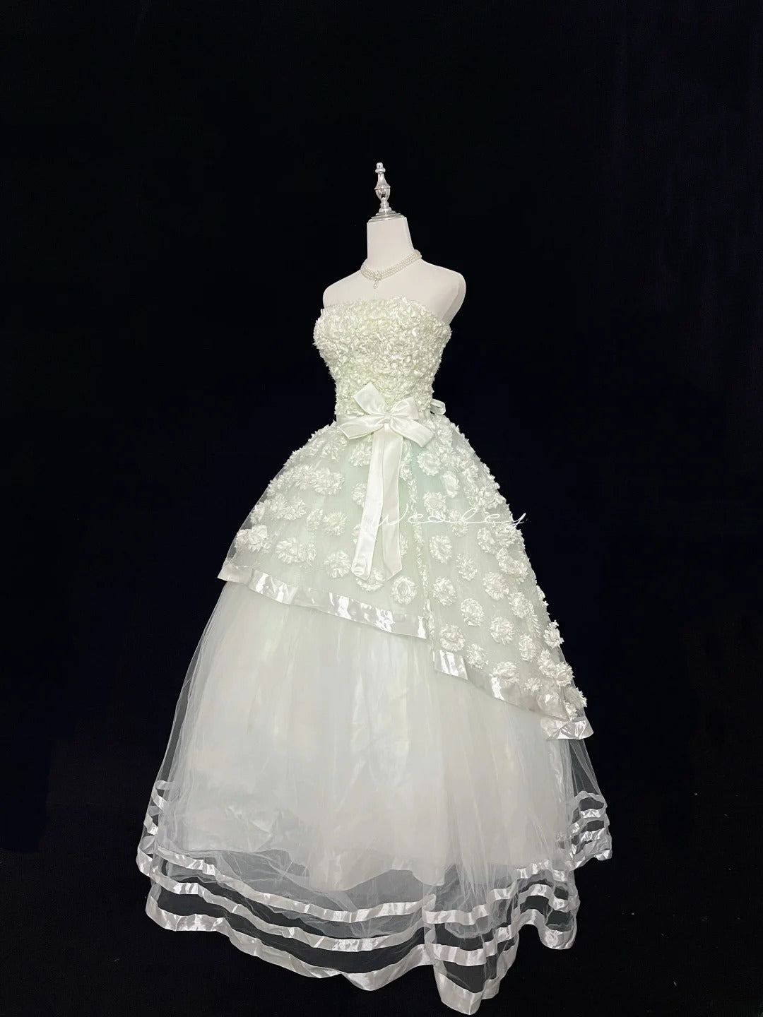 Pretty Ball Gowns Strapless Mint Green Tulle With Lace Appliqued Long Prom Dress Puffy Sweet 16 Sweet Sixteen Outfits Vestido de 15 RB7590