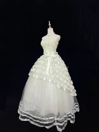 Pretty Ball Gowns Strapless Mint Green Tulle With Lace Appliqued Long Prom Dress Puffy Sweet 16 Sweet Sixteen Outfits Vestido de 15 RB7590