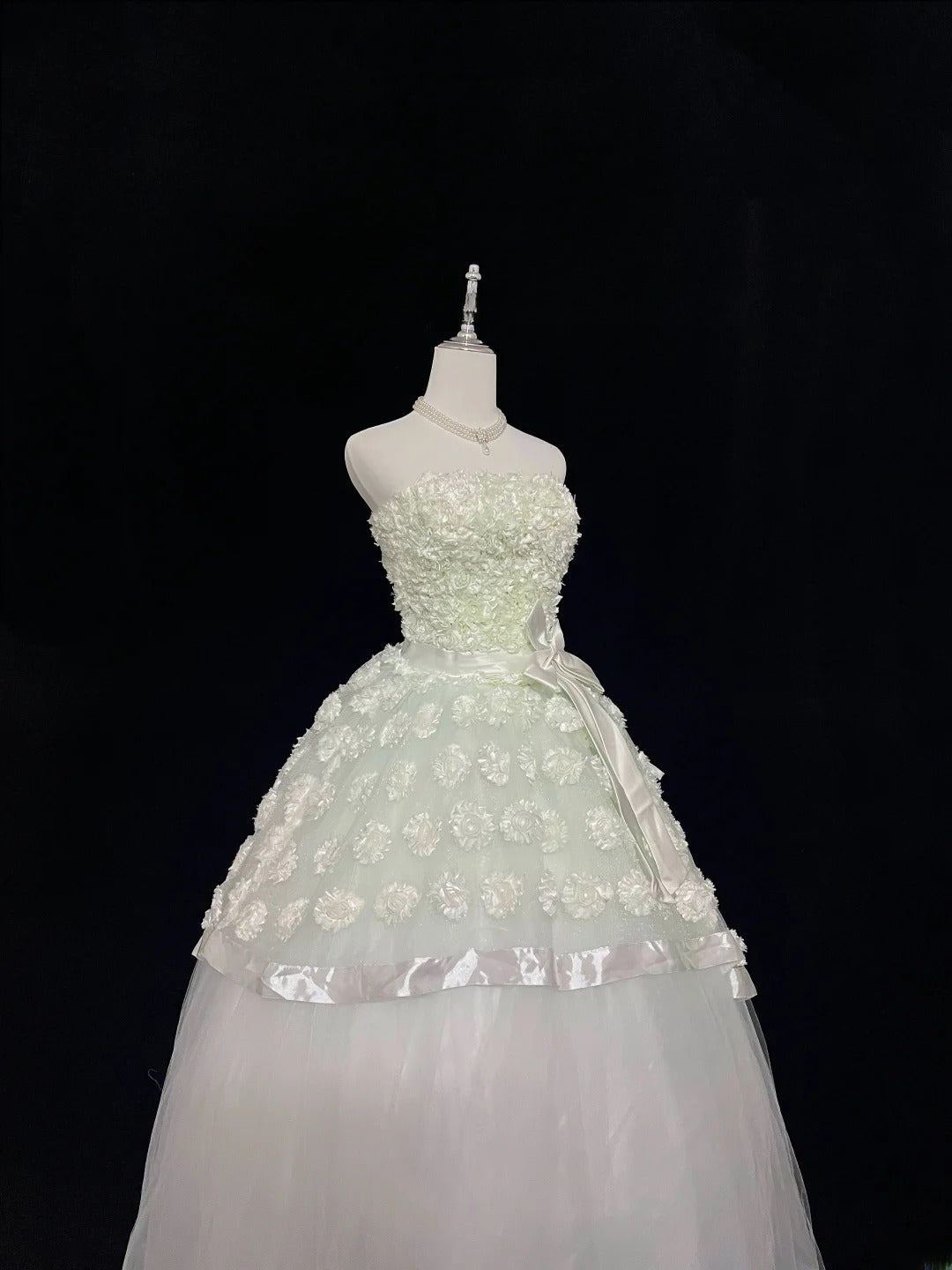 Pretty Ball Gowns Strapless Mint Green Tulle With Lace Appliqued Long Prom Dress Puffy Sweet 16 Sweet Sixteen Outfits Vestido de 15 RB7590
