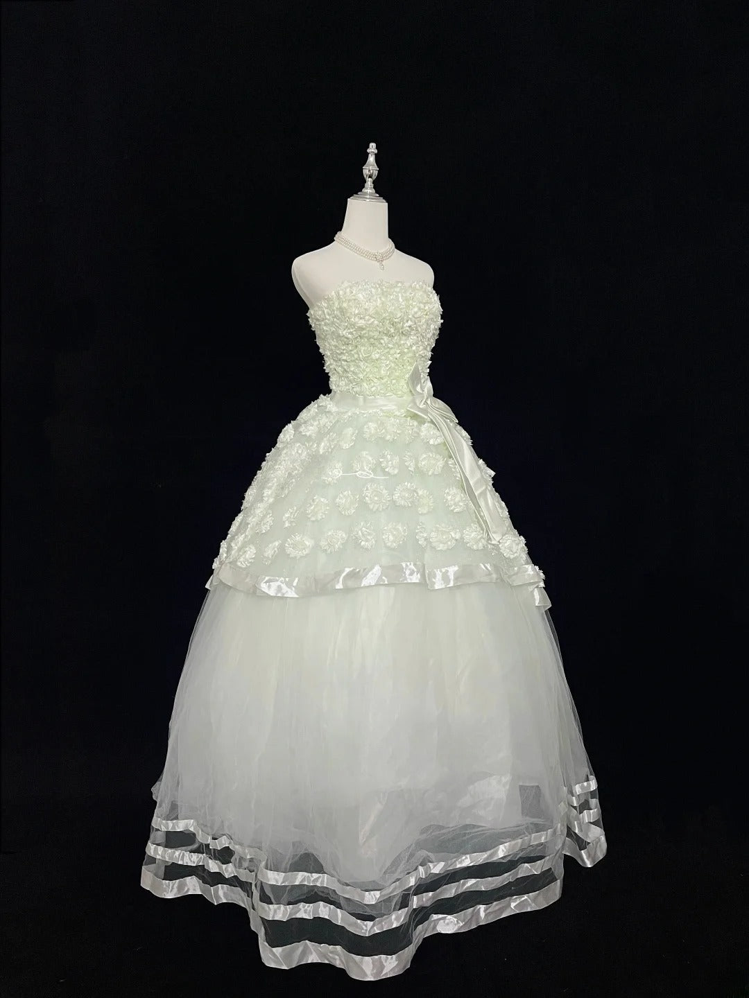 Pretty Ball Gowns Strapless Mint Green Tulle With Lace Appliqued Long Prom Dress Puffy Sweet 16 Sweet Sixteen Outfits Vestido de 15 RB7590