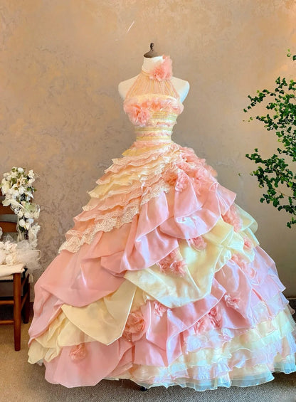 Quinceanera Dress Halter Pink Yellow With Tiered Layers Floor Length Ball Gown Sweet 15 15th Birthday Gown RB9121