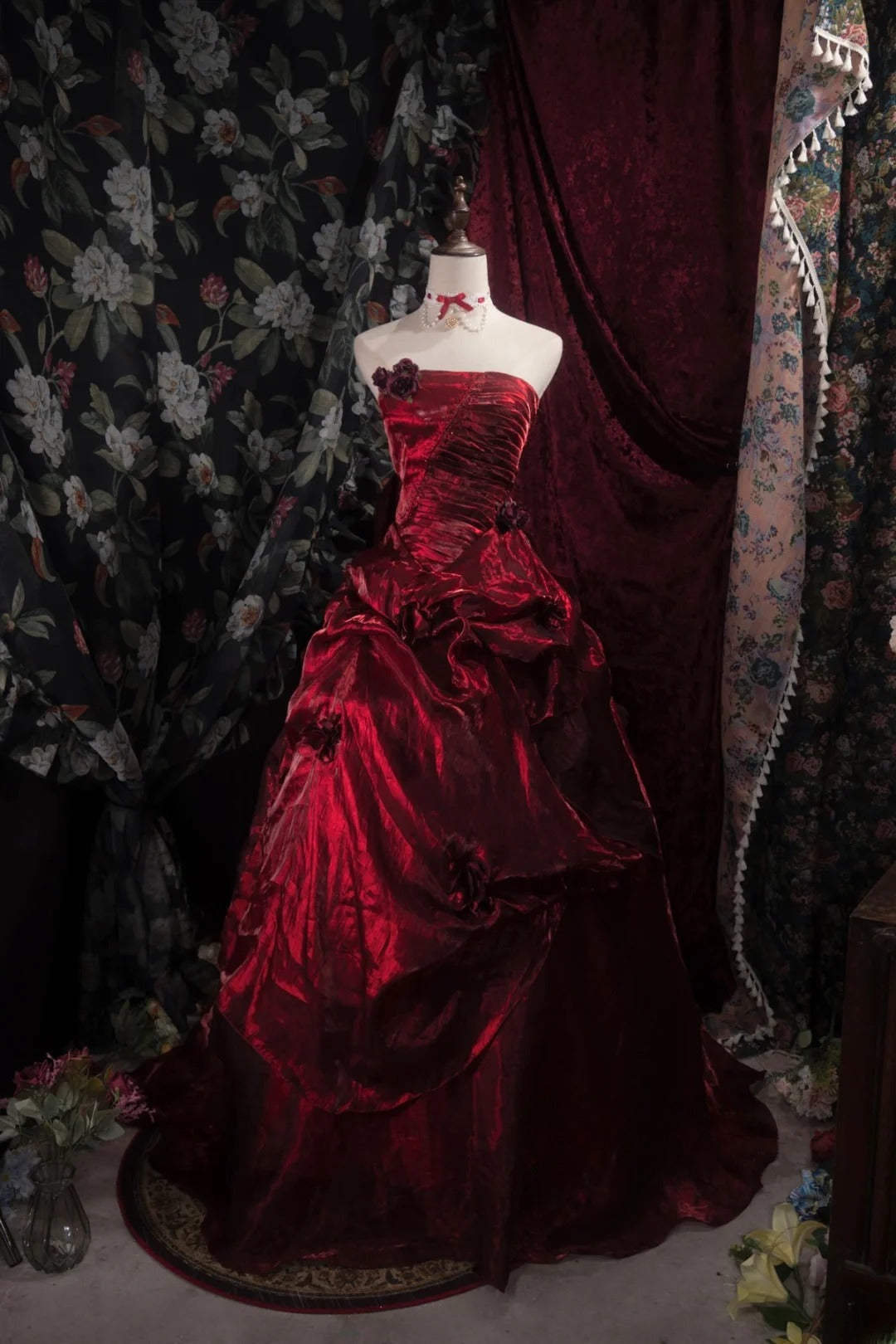 Dreamy Princess Ball Gown Formal Events Strapless Burgundy With Flowers Quince Dress Quinceanera Dresses Birthday Outfits RB8386