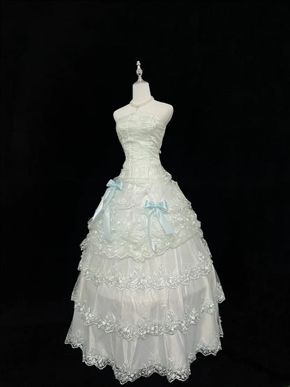 Pretty Ball Gowns Strapless Mint Green Tulle With Lace Appliqued Bow Long Prom Dress Puffy Sweet 16 Sweet Sixteen Outfits Vestido de 15 RB7592