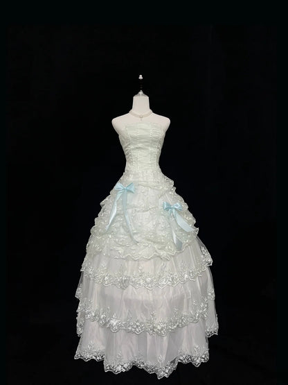 Pretty Ball Gowns Strapless Mint Green Tulle With Lace Appliqued Bow Long Prom Dress Puffy Sweet 16 Sweet Sixteen Outfits Vestido de 15 RB7592