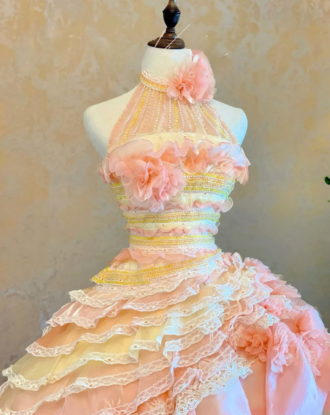 Quinceanera Dress Halter Pink Yellow With Tiered Layers Floor Length Ball Gown Sweet 15 15th Birthday Gown RB9121