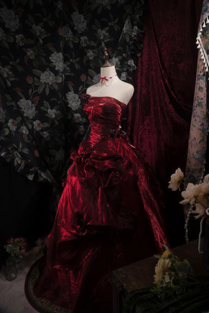 Dreamy Princess Ball Gown Formal Events Strapless Burgundy With Flowers Quince Dress Quinceanera Dresses Birthday Outfits RB8386