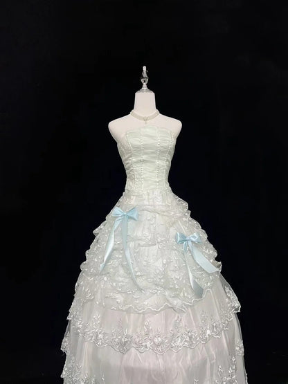 Pretty Ball Gowns Strapless Mint Green Tulle With Lace Appliqued Bow Long Prom Dress Puffy Sweet 16 Sweet Sixteen Outfits Vestido de 15 RB7592