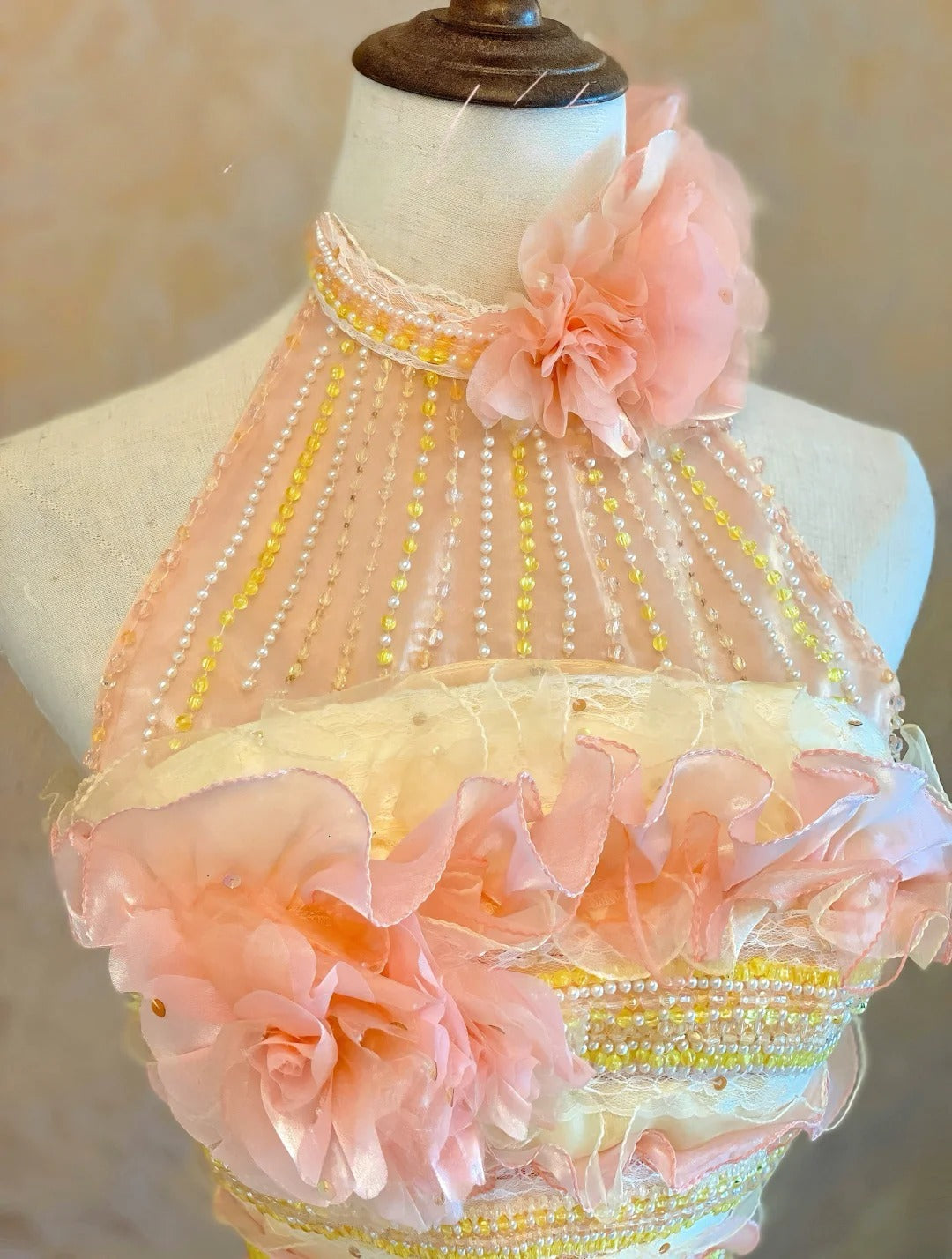 Quinceanera Dress Halter Pink Yellow With Tiered Layers Floor Length Ball Gown Sweet 15 15th Birthday Gown RB9121