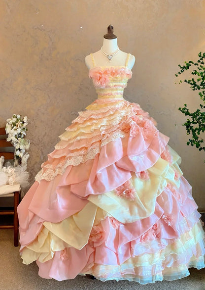 Quinceanera Dress Spaghetti Straps Pink Yellow With Tiered Layers Floor Length Ball Gown Sweet 15 15th Birthday Gown RB9122