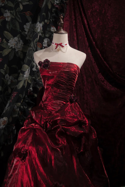 Dreamy Princess Ball Gown Formal Events Strapless Burgundy With Flowers Quince Dress Quinceanera Dresses Birthday Outfits RB8386
