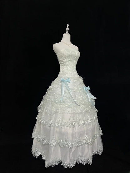 Pretty Ball Gowns Strapless Mint Green Tulle With Lace Appliqued Bow Long Prom Dress Puffy Sweet 16 Sweet Sixteen Outfits Vestido de 15 RB7592
