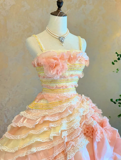 Quinceanera Dress Spaghetti Straps Pink Yellow With Tiered Layers Floor Length Ball Gown Sweet 15 15th Birthday Gown RB9122