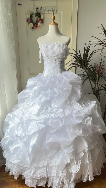 Sweet 15 Quinceanera Dress Ball Gown Strapless White With Tiered Beading Long 15th Birthday Gown RC0554