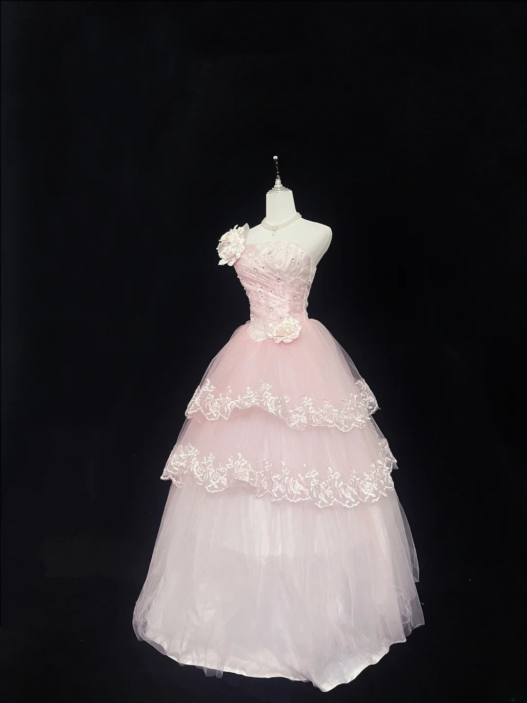 Beautiful Ball Gown One Shoulder Pink Tulle With Appliqued Lace Prom Dress Formal Outfits Party Dresses RB7593