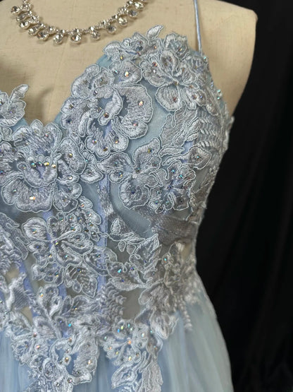 Vintage 80s Prom Dresses A line Spaghetti Strap Light Sky Blue Tulle Lace Long Party Gown Formal Outfits RB5996