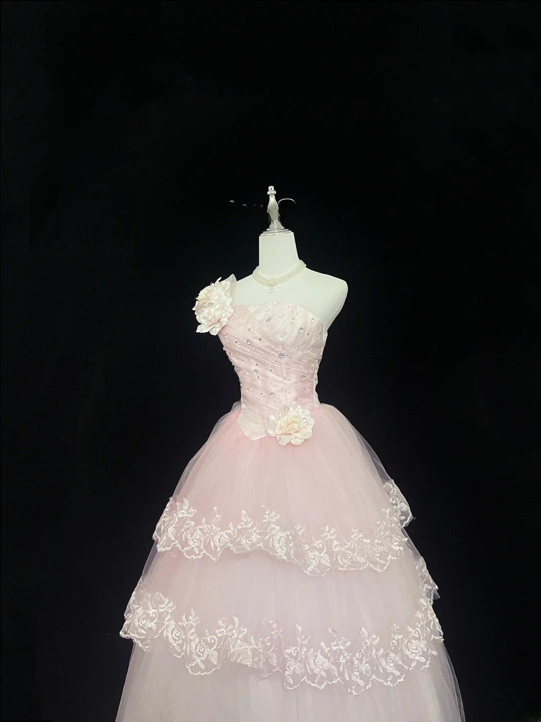 Beautiful Ball Gown One Shoulder Pink Tulle With Appliqued Lace Prom Dress Formal Outfits Party Dresses RB7593