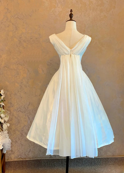 Cute Ball Gown Cowl Neck White Satin Mid Length Party Dresses Homecoming Cocktail Gown RB9123