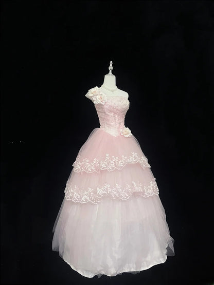 Beautiful Ball Gown One Shoulder Pink Tulle With Appliqued Lace Prom Dress Formal Outfits Party Dresses RB7593