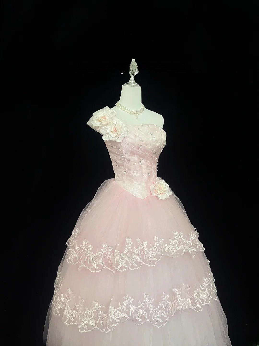Beautiful Ball Gown One Shoulder Pink Tulle With Appliqued Lace Prom Dress Formal Outfits Party Dresses RB7593
