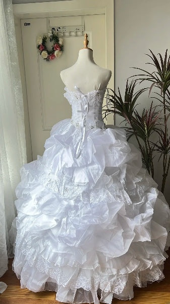 Sweet 15 Quinceanera Dress Ball Gown Strapless White With Tiered Beading Long 15th Birthday Gown RC0554