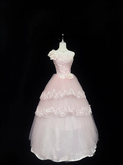 Beautiful Ball Gown One Shoulder Pink Tulle With Appliqued Lace Prom Dress Formal Outfits Party Dresses RB7593