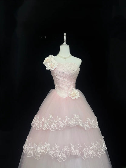 Beautiful Ball Gown One Shoulder Pink Tulle With Appliqued Lace Prom Dress Formal Outfits Party Dresses RB7593