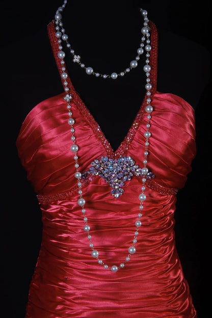 Vintage 80s Mermaid Halter Red Satin Prom Dress Long Party Gowns Evening Dresses AS194